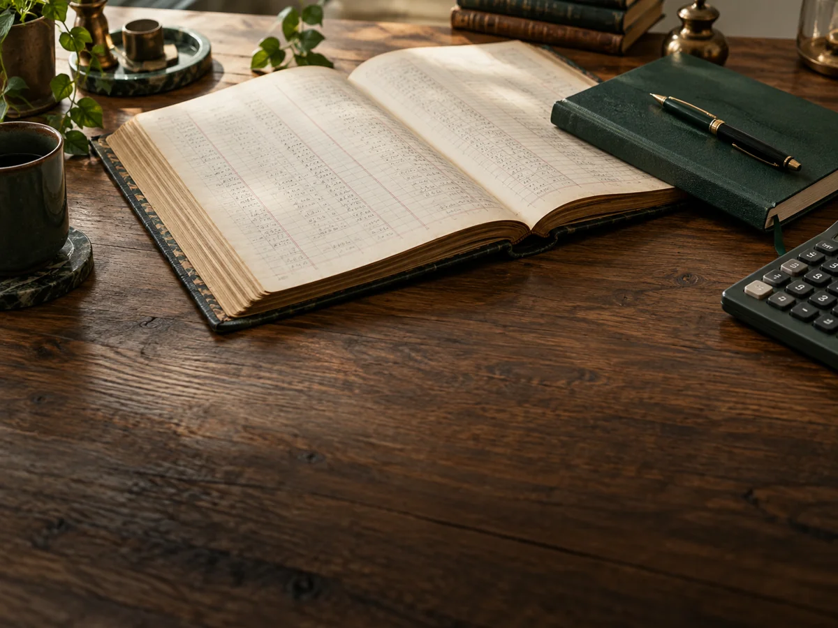 Sfeerbeeld van een boekhoudboek, pen en rekenmachine