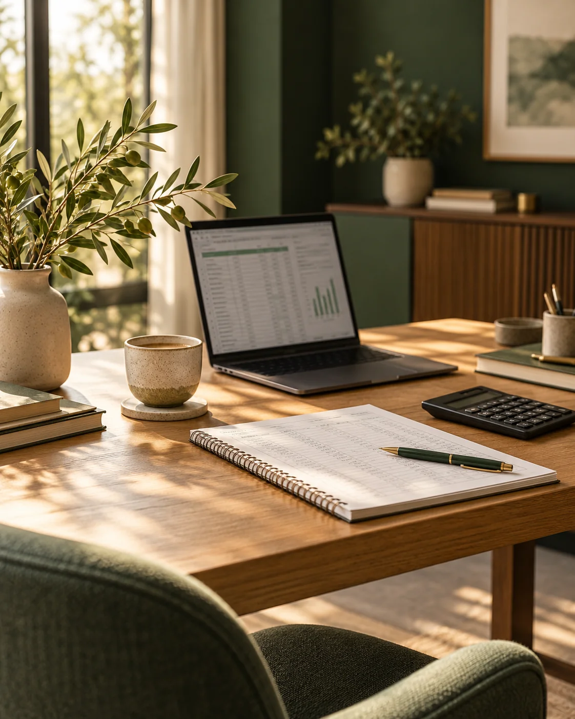 Sfeerbeeld van een rustige werkplek met laptop en boekhouding